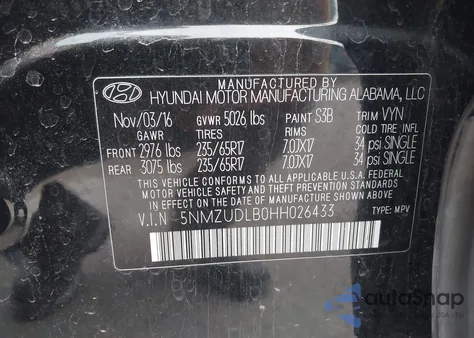 2017 Hyundai Santa Fe Sport 2.4L z USA, uszkodzony, nr VIN 5NMZUDLB0HH026433